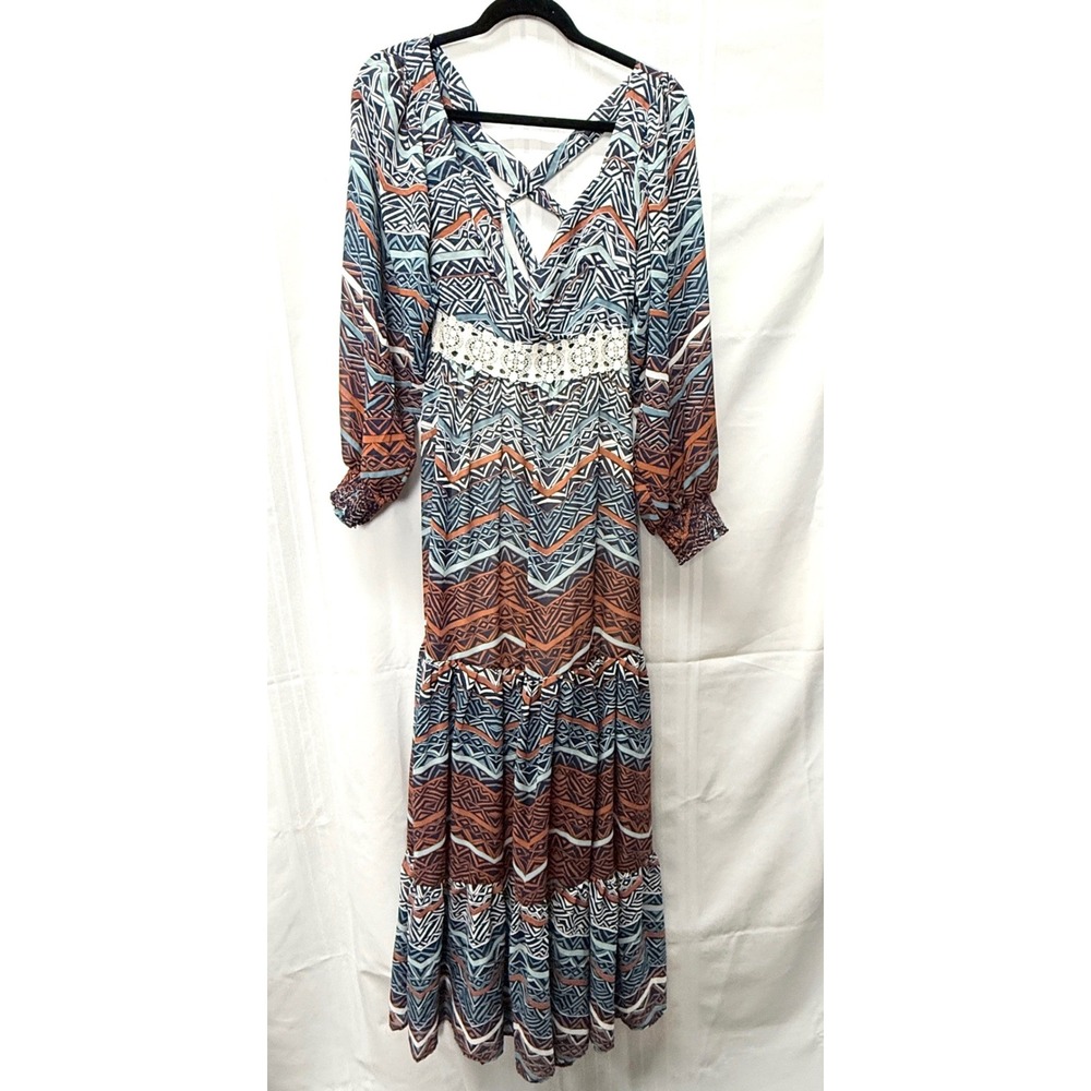 Venus Tribal Western Maxi Dress Blue Orange Lace Boho Sz 8 Back Lacing Festival